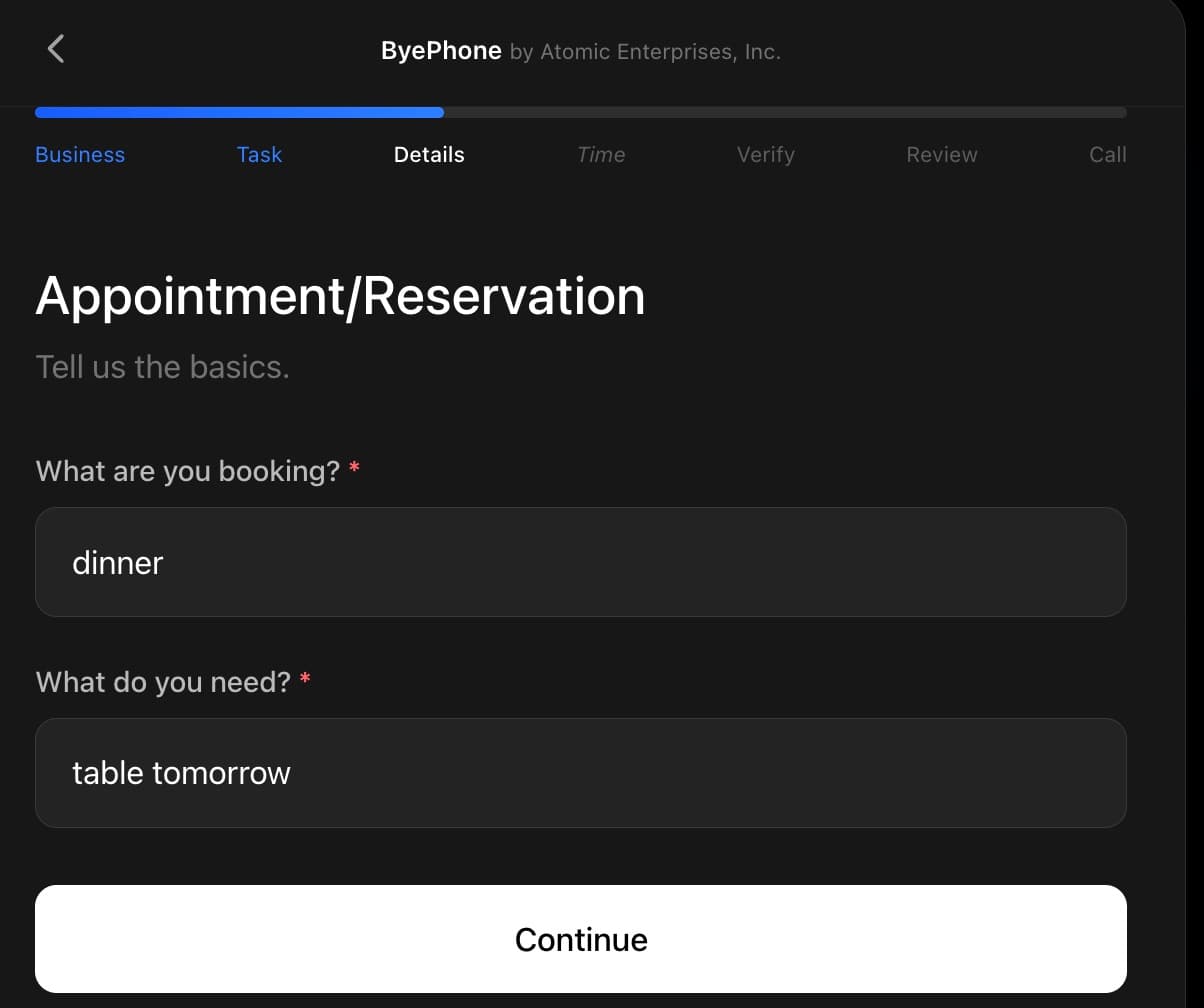 Step 2: User specifies what they are booking